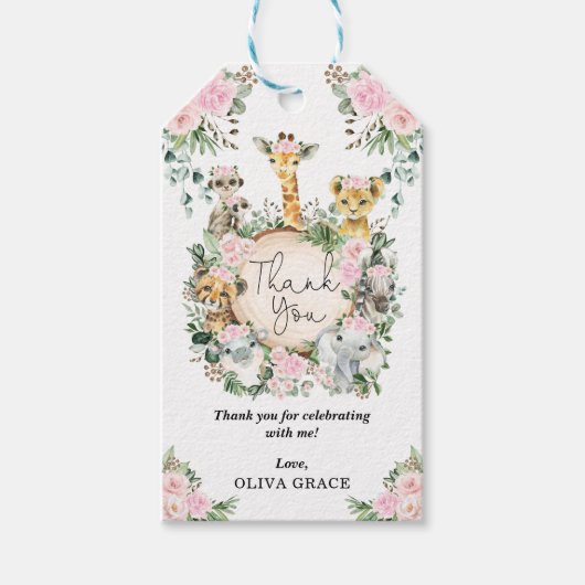 Chique Oerwoud Safari Dieren Blush Bloemen Baby Me Cadeaulabel (Voorkant)