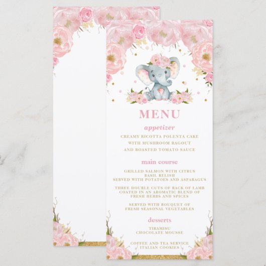 Chique Olifant Blush Roze Bloemen Baby shower Menu (Voorkant / Achterkant)
