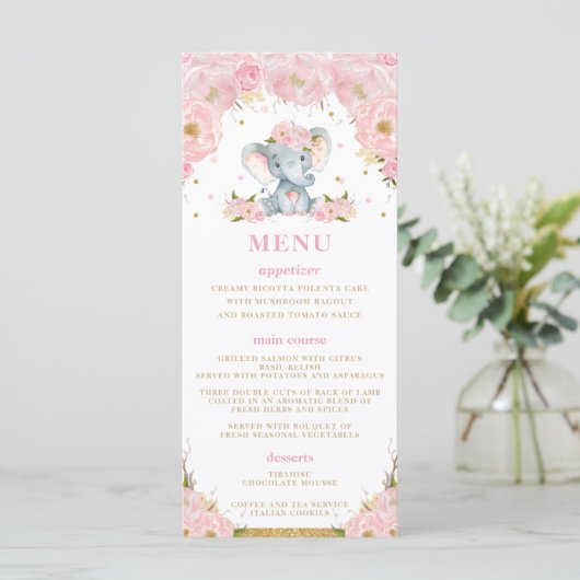 Chique Olifant Blush Roze Bloemen Baby shower Menu (Staand voorkant)
