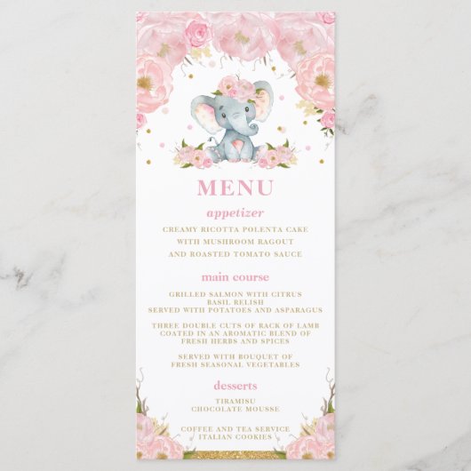 Chique Olifant Blush Roze Bloemen Baby shower Menu (Voorkant)