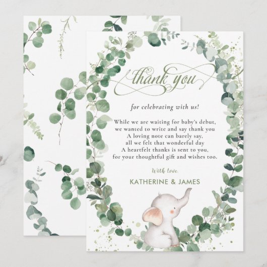 Chique olifant groen Genderneutraal Baby shower Bedankkaart (Voorkant / Achterkant)