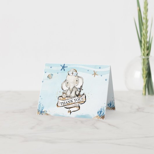 Chique olifant nautische blauwe jongen Baby shower Bedankkaart (Voorkant)