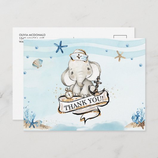 Chique olifant nautische jongen Baby shower dank u Briefkaart (Voorkant / Achterkant)