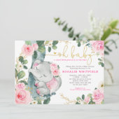 Chique olifant roze rozen groen meisje Baby shower Kaart (Staand voorkant)
