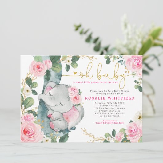 Chique olifant roze rozen groen meisje Baby shower Kaart (Staand voorkant)