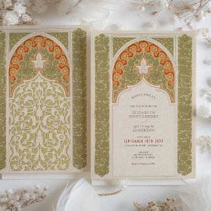 Chique Olijf & Koraal Art Nouveau Kant Bruiloft Kaart