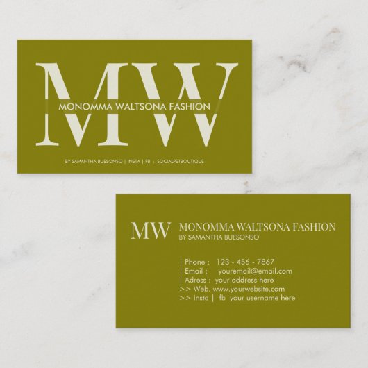 Chique olijfgroene monogramletter naam visitekaartje (Voorkant / Achterkant)