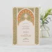 Chique Olive & Coral Art Nouveau Kant Bruiloft Kaart (Staand voorkant)