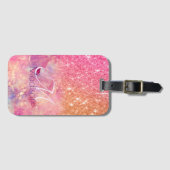 Chique ombre roze blozen roze glitters monogram bagagelabel (Voorkant (horizontaal))