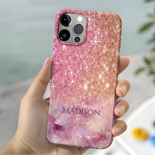 Chique ombre roze blush roze glitters monogram Case-Mate iPhone case