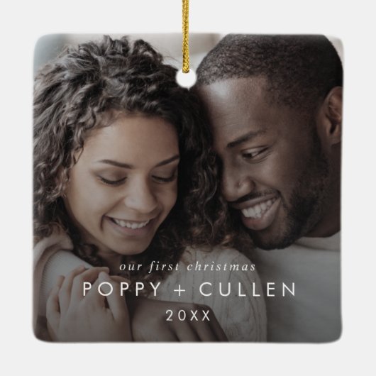Chique onze eerste kerst koppels foto overlay keramisch ornament (Achterkant)