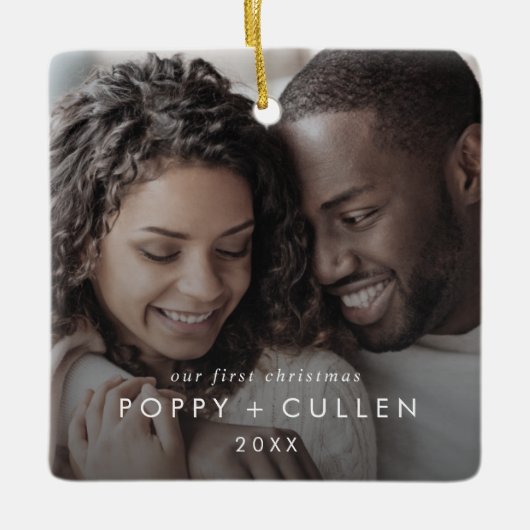 Chique onze eerste kerst koppels foto overlay keramisch ornament (Voorkant)