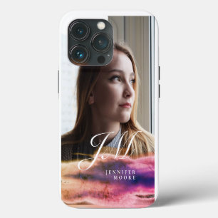 Chique op maat gemaakt paarse blos roze foto monog iPhone 13 pro hoesje