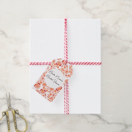 Chique oranje bloemprint bruidsdouche cadeaulabel (Met Touw)