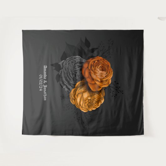 Chique Oranje en Zwarte Gotische Trouwthema Wandkleed (Voorkant (horizontaal))