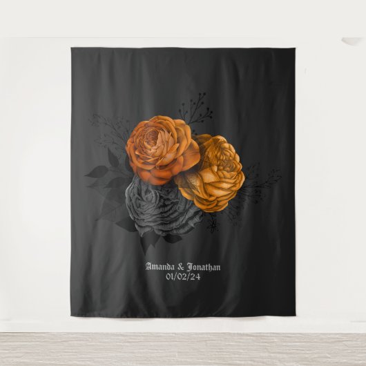 Chique Oranje en Zwarte Gotische Trouwthema Wandkleed (Voorkant)