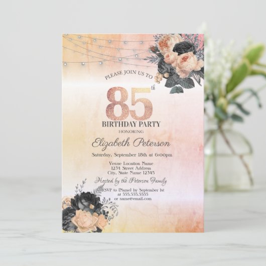 Chique Oranje Rozen String Lights 85th Verjaardag Kaart (Staand voorkant)