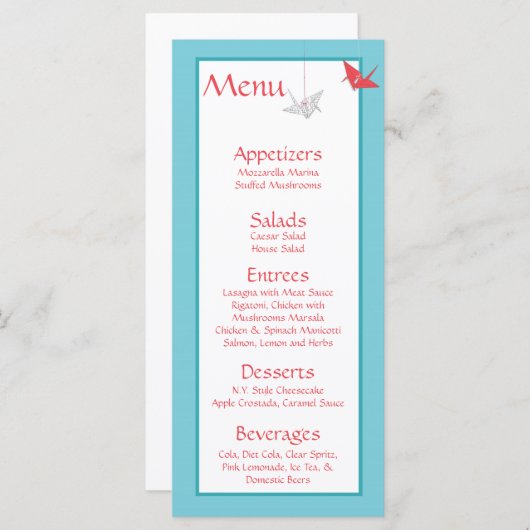 Chique Origami Vogels Bruiloft Menu (Voorkant / Achterkant)