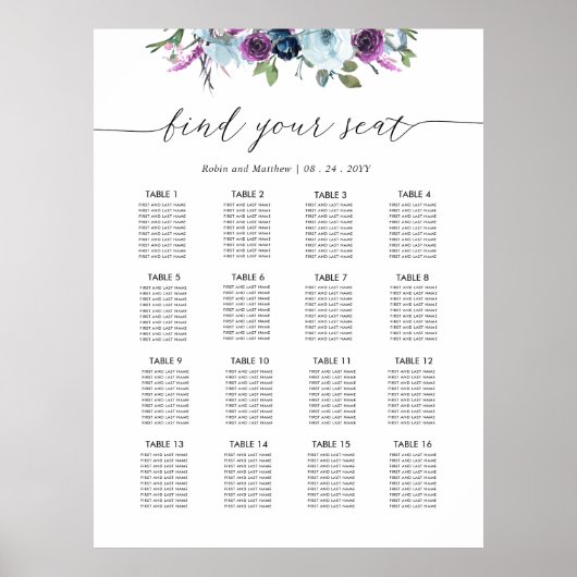 Chique Paars en Blauw Trouw Stoelenindeling Bord Poster (Voorkant)