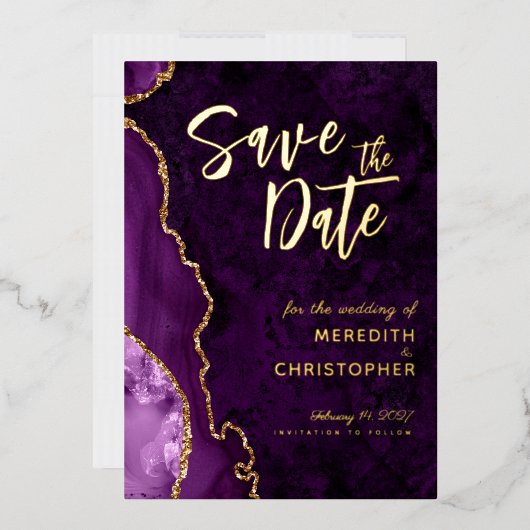 Chique Paarse Agaat Save the Date Gold Folie Uitnodiging (Envelop)