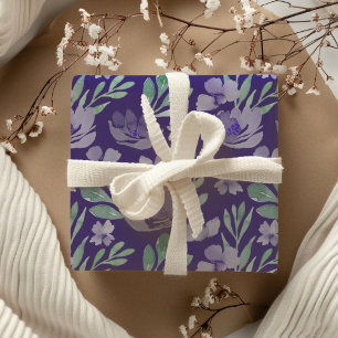 Chique Paarse Bloem- en Blad Waterverfpatroon Wrap Inpakpapier Vel