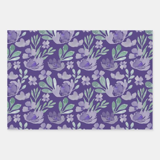 Chique Paarse Bloem- en Bladerwaterverfpatroon Wr Inpakpapier Vel (Voorkant 2)