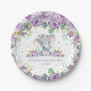 Chique Paarse Bloem Olifant Meisje Baby Shower Papieren Bordje