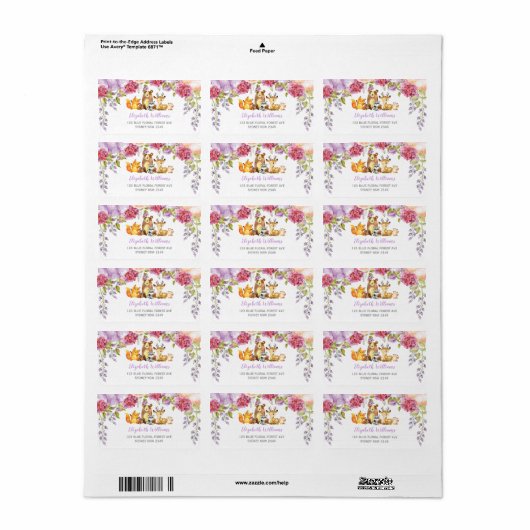 Chique Paarse Bloemen Bosdieren Retouradres Etiket (Full Sheet)