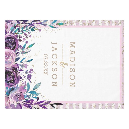 Chique Paarse Bloemen Champagne Goud Bruiloft Mono Tafelkleed (Voorkant (Horizontaal))