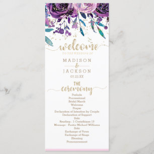 Chique Paarse Bloemen Champagne Goud Bruiloft Prog Programmakaart