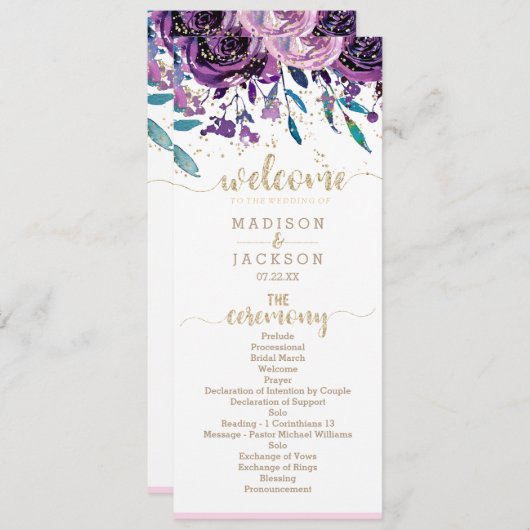 Chique Paarse Bloemen Champagne Goud Bruiloft Prog Programmakaart (Voorkant / Achterkant)