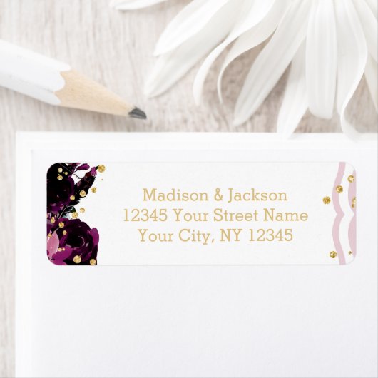 Chique Paarse Bloemen & Goud Bruiloft Retouradres Etiket (Insitu)