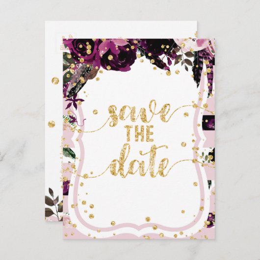 Chique Paarse Bloemen & Goud Bruiloft Save the Dat Aankondigingskaart (Voorkant / Achterkant)