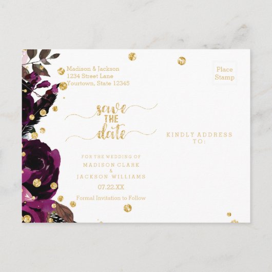 Chique Paarse Bloemen & Goud Bruiloft Save the Dat Aankondigingskaart (Achterkant)