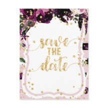 Chique Paarse Bloemen & Goud Bruiloft Save the Dat