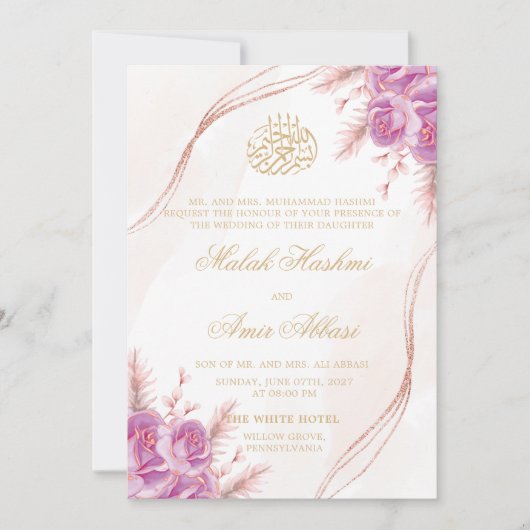 Chique Paarse Bloemen Goud Islamitisch Moslim brui Kaart (Voorkant)