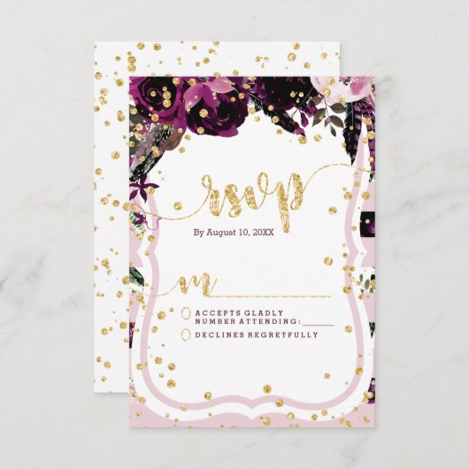 Chique Paarse Bloemen & Gouden Bruiloft RSVP React (Voorkant / Achterkant)