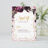 Chique Paarse Bloemen & Gouden Bruiloft RSVP React Kaartje (Staand voorkant)
