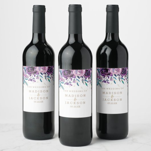 Chique Paarse Bloemen Mousserende Wijn Goud Bruilo Wijn Etiket (Flessen)