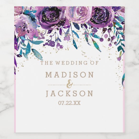 Chique Paarse Bloemen Mousserende Wijn Goud Bruilo Wijn Etiket (Enkel label)