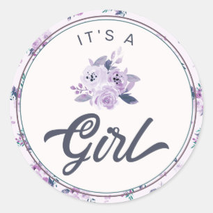 Chique Paarse Bloemen Nieuwe Baby Het is een meisj Ronde Sticker