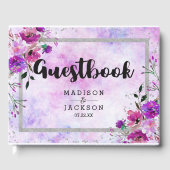 Chique Paarse Bloemen & Zilver Lijst Bruiloft Mono Gastenboek (Voorkant)