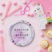 Chique Paarse Bloemen & Zilver Lijst Bruiloft Mono Papieren Bordje (Feest)