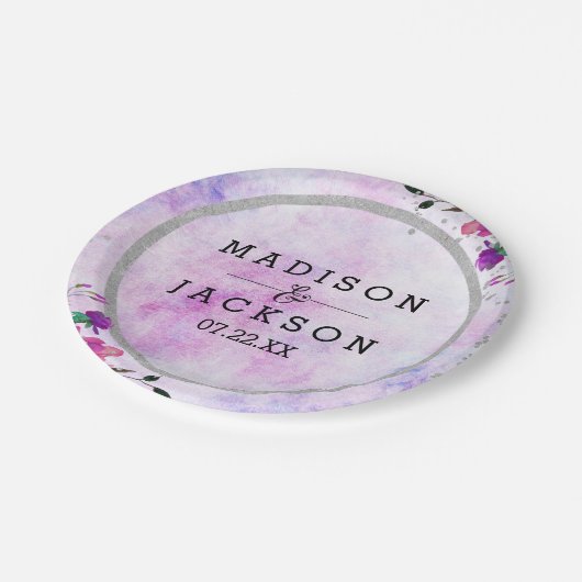 Chique Paarse Bloemen & Zilver Lijst Bruiloft Mono Papieren Bordje (Gekanteld)