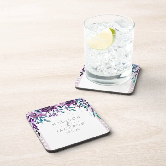 Chique Paarse Bloemen & Zilveren Bruiloft Monogram Drankjes Onderzetter (Rechterzijde)