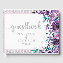 Chique Paarse Bloemen & Zilveren Bruiloft Monogram Gastenboek