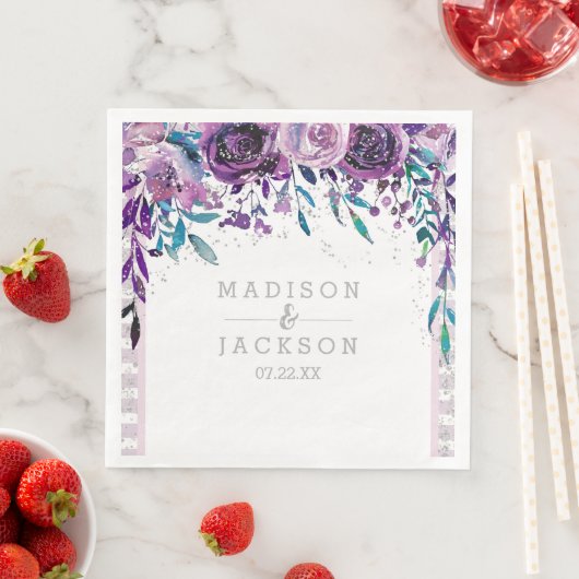 Chique Paarse Bloemen & Zilveren Bruiloft Monogram Servet (Insitu)