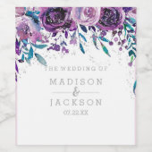 Chique Paarse Bloemen & Zilveren Bruiloft Monogram Wijn Etiket (Enkel label)