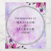 Chique Paarse Bloemen & Zilveren Bruiloft Monogram Wijn Etiket (Enkel label)