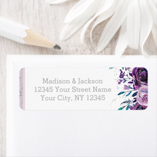 Chique Paarse Bloemen & Zilveren Bruiloft Retourad Etiket (Insitu)